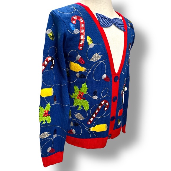 Jolly Sweaters Bright Blue Sequins Ugly Christmas Sweater Bow Tie Pullover Sz M - Picture 3 of 13